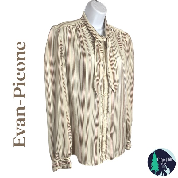Evan Picone Tops - SOLD Vintage 70's 80’s Evan Picone Blouse Large Ivory Striped Long Sleeve Tie